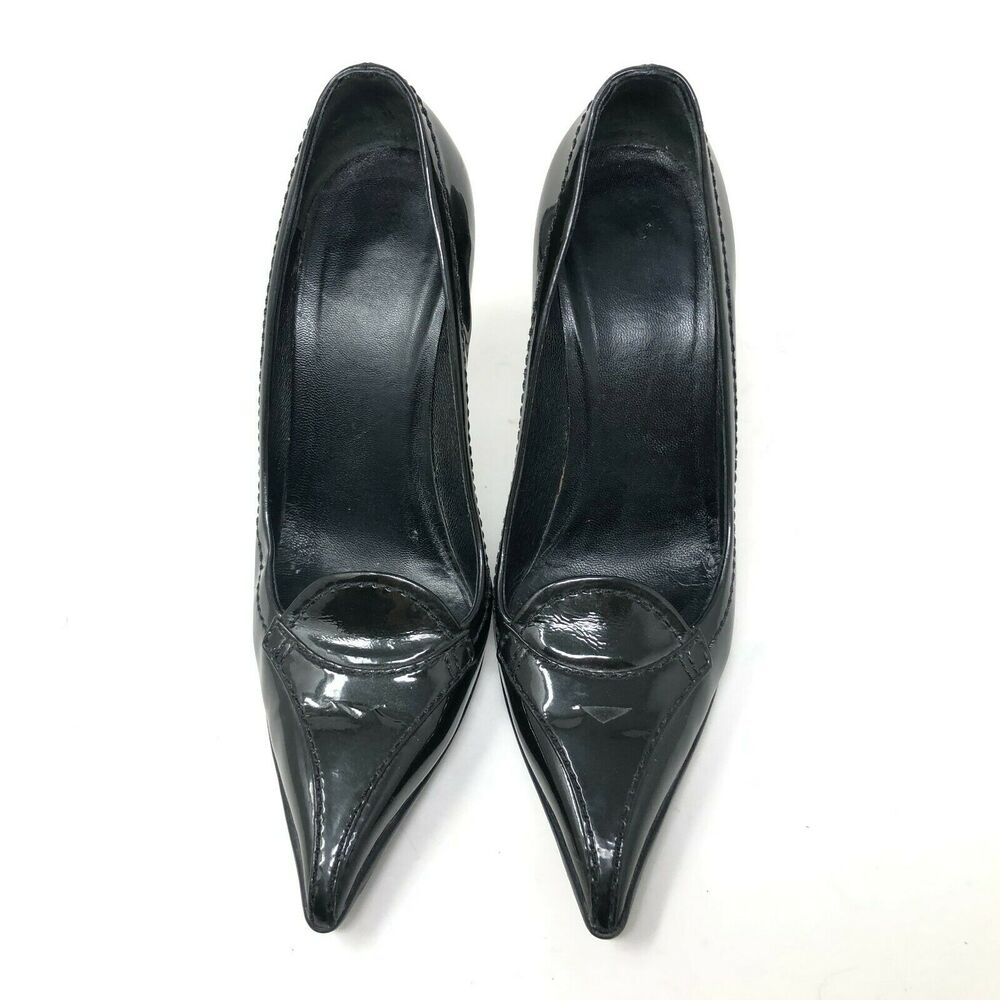 Miu Miu Women's Size 35.5 Pointed Toe Black Patent Leather Penny Loafer Heel - Picture 3 of 9